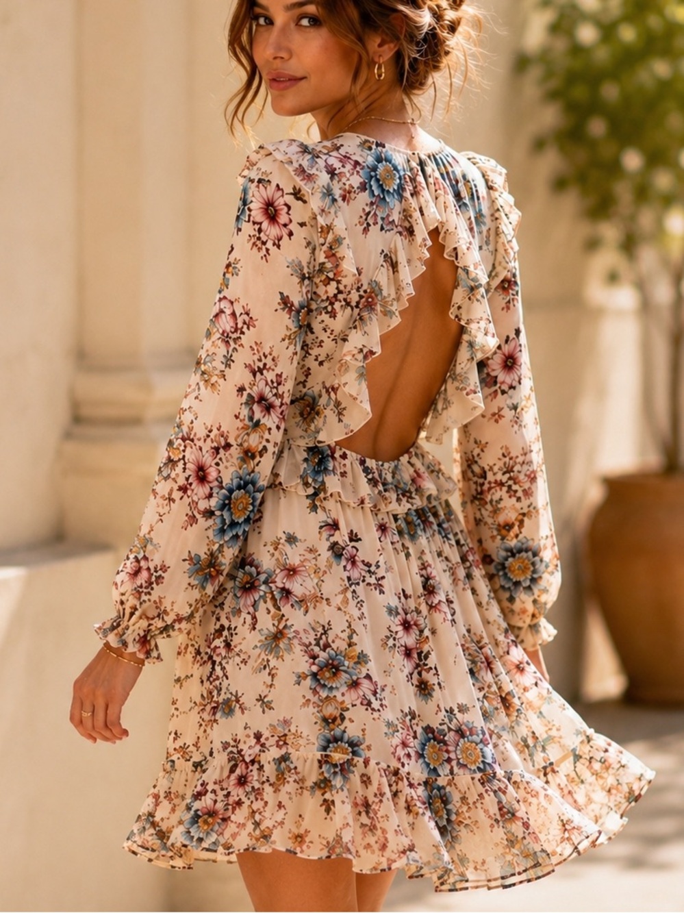 NWT Italian Designer Open Back Ruffle Floral Viscose Dress Made in Italy M